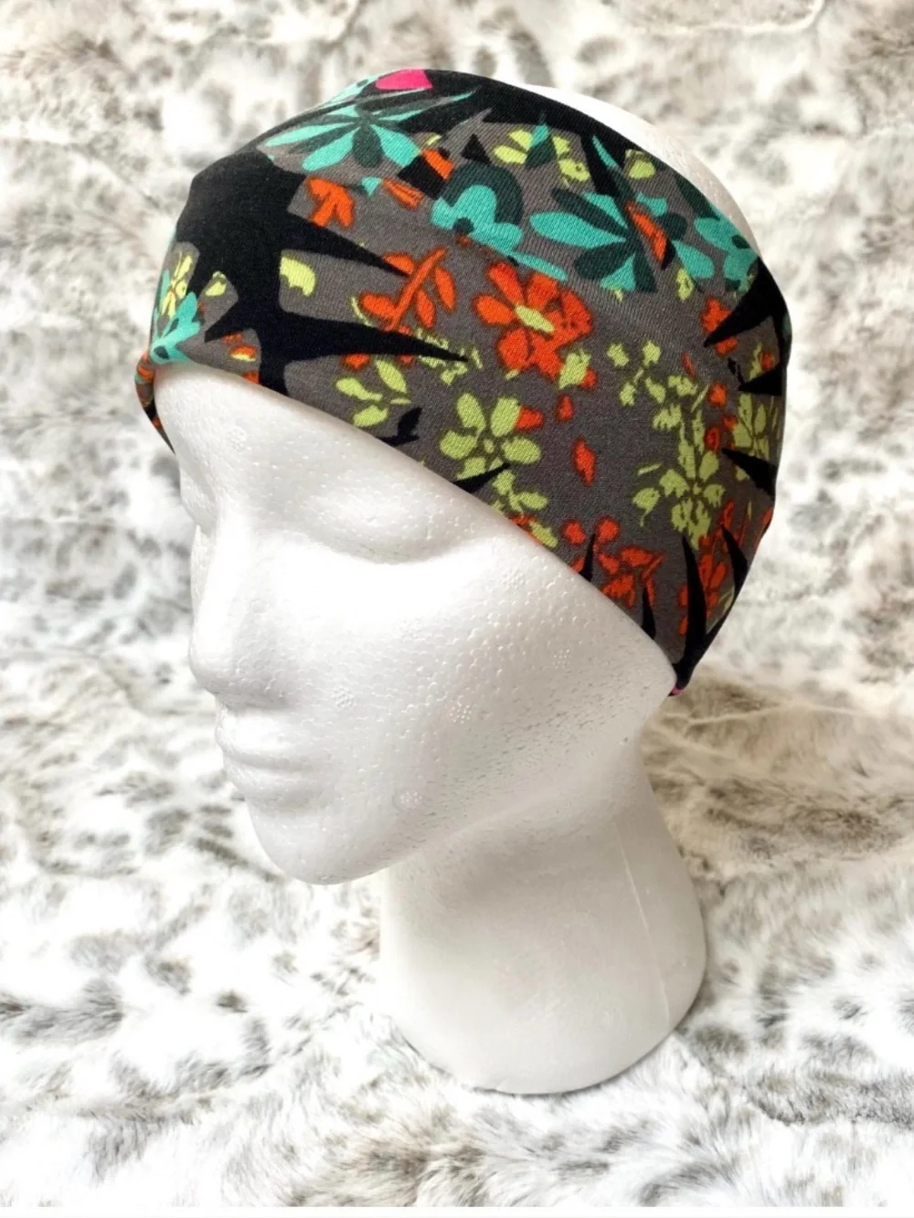 Black Floral Twist Headband  and Scrunchie Set with Teal and Coral Accents. NWOT